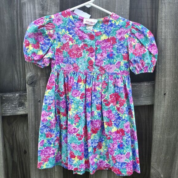 80s Girls Bright Rainbow Colorful Floral Dress Puff Sleeves Buttons Sharlyn Sz 7